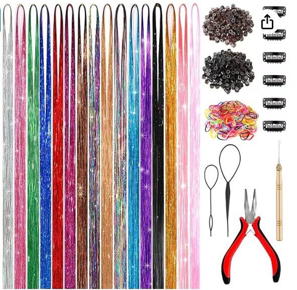 Extensión de pelo oropel seda de oro 120cm cuerda trenzada del pelo cuerda de color colorido láser seda flash extensión del pelo seda de color