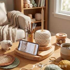 跨境木制毛线转动轴编织架带钩针收纳筒手机支架凹槽编织辅助工具