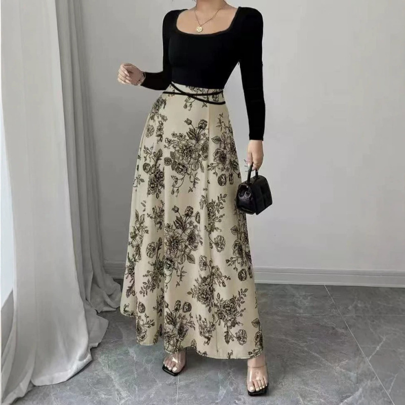 Cross-border e-commerce, European and American women's fashion, Amazon 2026 autumn/winter collection: trendy printed square-neck, patchwork, and tie-waist long-sleeve dress