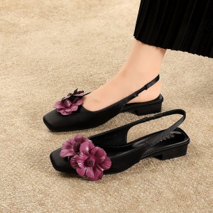 972-H57 French Fairy Silk Flower Evening Breeze Medium Heel Thick Heel Square Headed Baotou Shoes Rear Air Tripping Stra