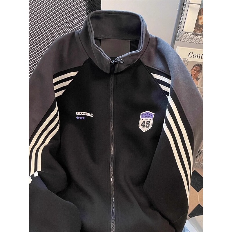 Retro raglan sleeve striped three-stripe badge loose-fit lettered stand-up collar cardigan, preppy style sports jacket for men