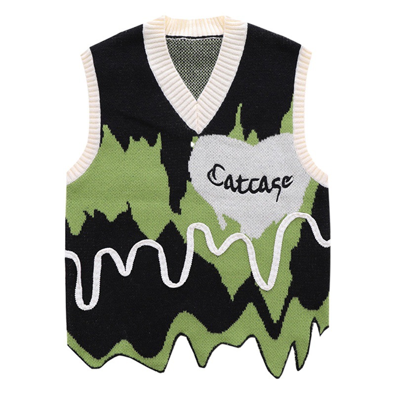 Cross-Border marca de moda contraste color suéter Chaleco de los hombres y las mujeres de primavera y otoño nicho de diseño de perfil de dobladillo irregular Chaleco de punto