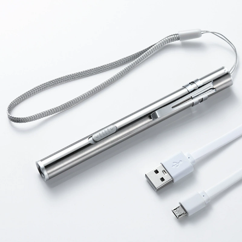 Перезаряжаемый медицинский фонарик-ручка из нержавеющей стали, серебристый металл, желтый свет, белый свет, гравировка, ручка для врача, медсестры, ученика