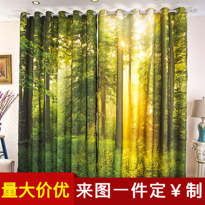 网红ins北欧3D立体风景树林绿色森林主题酒店儿童房卧室客厅窗帘|ru