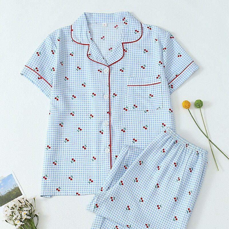 New Foreign Trade Cross-Border Bubble Wrinkle Cardigan Printed Pajamas Women's Short-Sleeved Trousers Cross-Border Home Wear Suit Wholesale