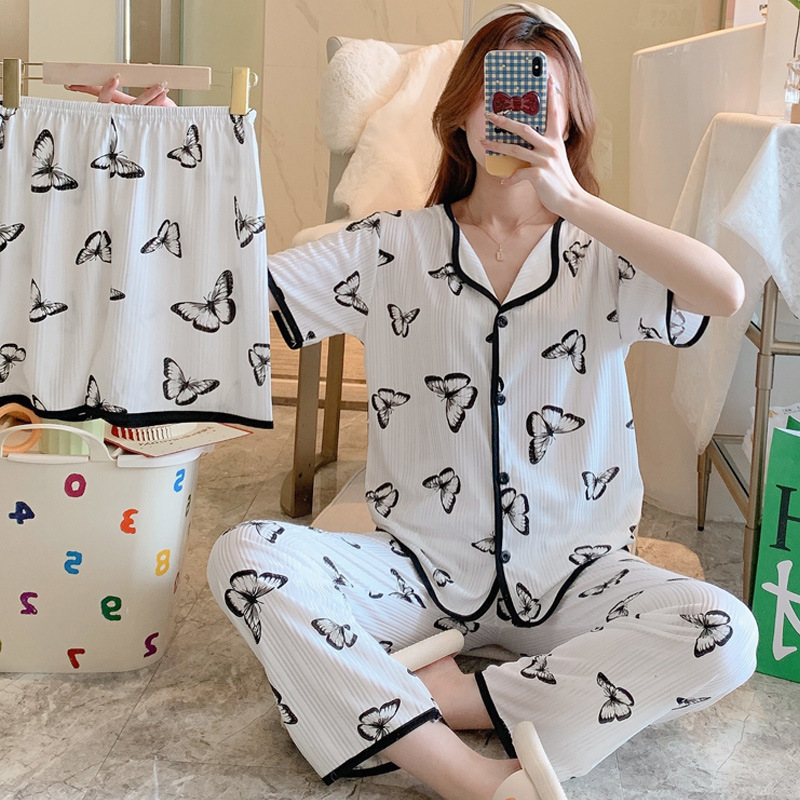Explosión de tres piezas Cardigan pijama de mujer de verano de mangas cortas pantalones largos delgados se pueden usar dibujos animados dulce conjunto de ropa para el hogar