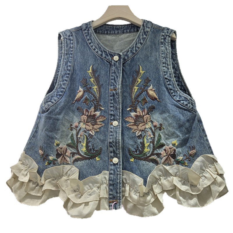 Estación europea 2026 primavera nueva moda europea de mujer de moda versátil borde de loto industria pesada bordado chaleco denim de contraste
