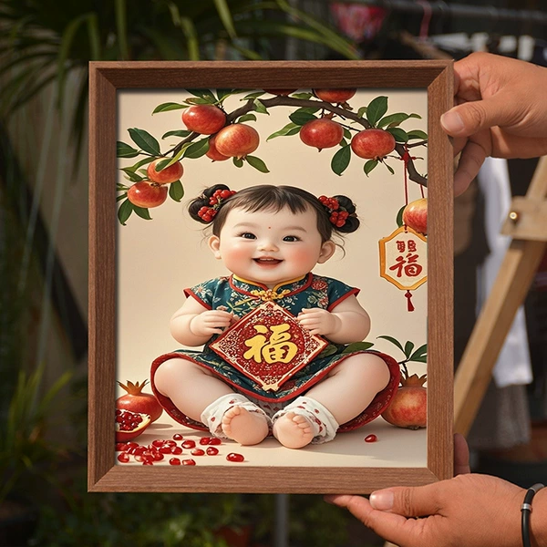 Many children and many blessings - baby girl 1 - (wooden frame) walnut color