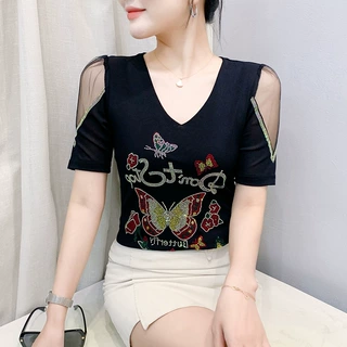 实拍2025夏季新款网纱时尚V领镂空烫钻短袖修身显瘦打底衫女T恤