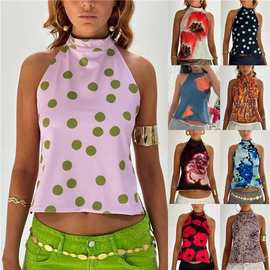 欧美2025春夏跨境新款女装挂脖优雅无袖露肩长款不规则衣摆上衣女