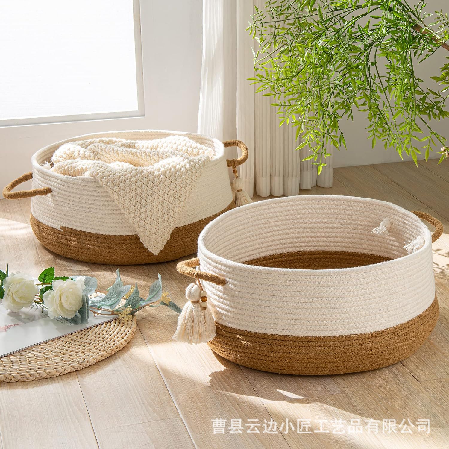 棉绳编织花盆篮子儿童玩具收纳桶日式家用圆形衣物脏衣篓储物筐