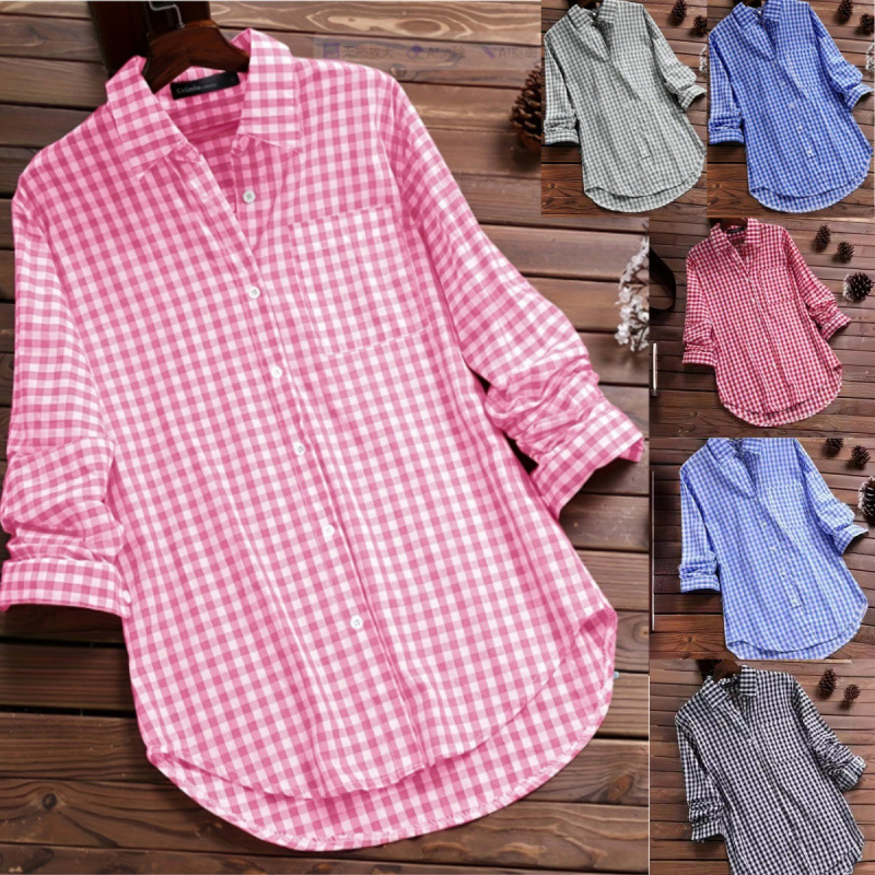 Large stock available. Cross-border e-commerce women's clothing: loose-fitting plaid long-sleeved retro shirt with pockets, available on AliExpress and eBay