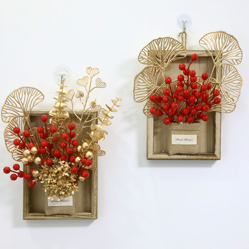 Año Nuevo cuadrado de madera colgante de pared sala de estar colgantes de pared decoración del hogar floral cuttings bayas rojas granada rica
