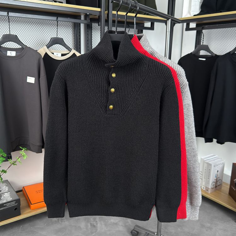 Suéter de punto para hombre, cuello alto con botones, color liso, nuevo modelo transfronterizo para otoño e invierno, cálido y sencillo, suéter básico de comercio exterior.