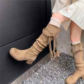 牛皮版~美拉德长筒不过膝靴子女废士风流苏骑士靴粗跟显瘦高筒靴