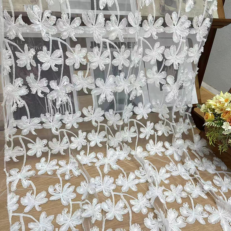 椰子树叶刺绣 春夏款连衣裙礼服演出服布料 立体椰子叶刺绣网纱面