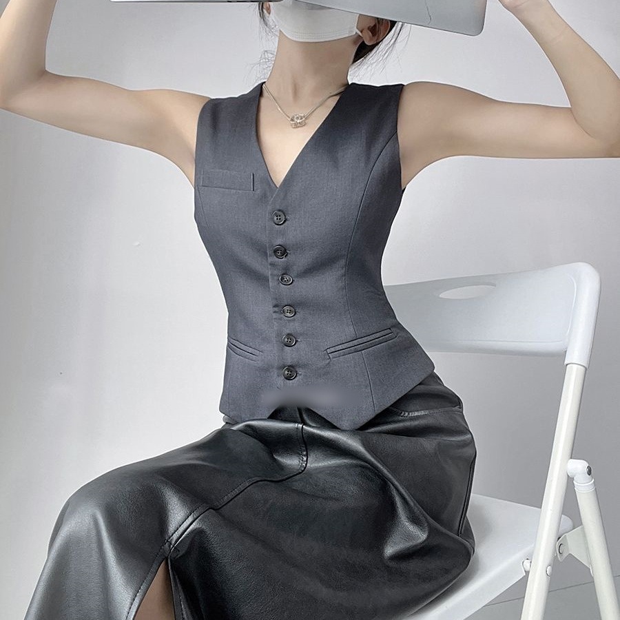 Crazy Heart Grey Slim-fit Sleeveless Suit Vest Jacket Women's Spring and Summer Short Navel V-neck Vest Top