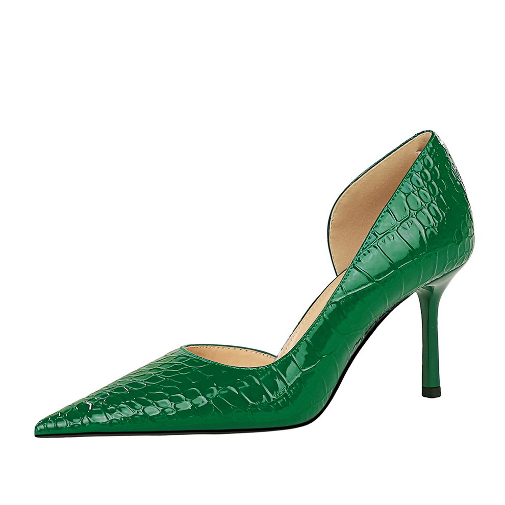 8239-5 Stylish and Skinny Ultra High Heels with Thin Heels, Shallow Mouth Pointed Side Hollow out Lacquer Snake Pattern Women's Shoes, Single Shoe