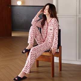 春秋新款紧赛纯棉女长袖长裤开衫V领睡衣时尚休闲女家居服图片色