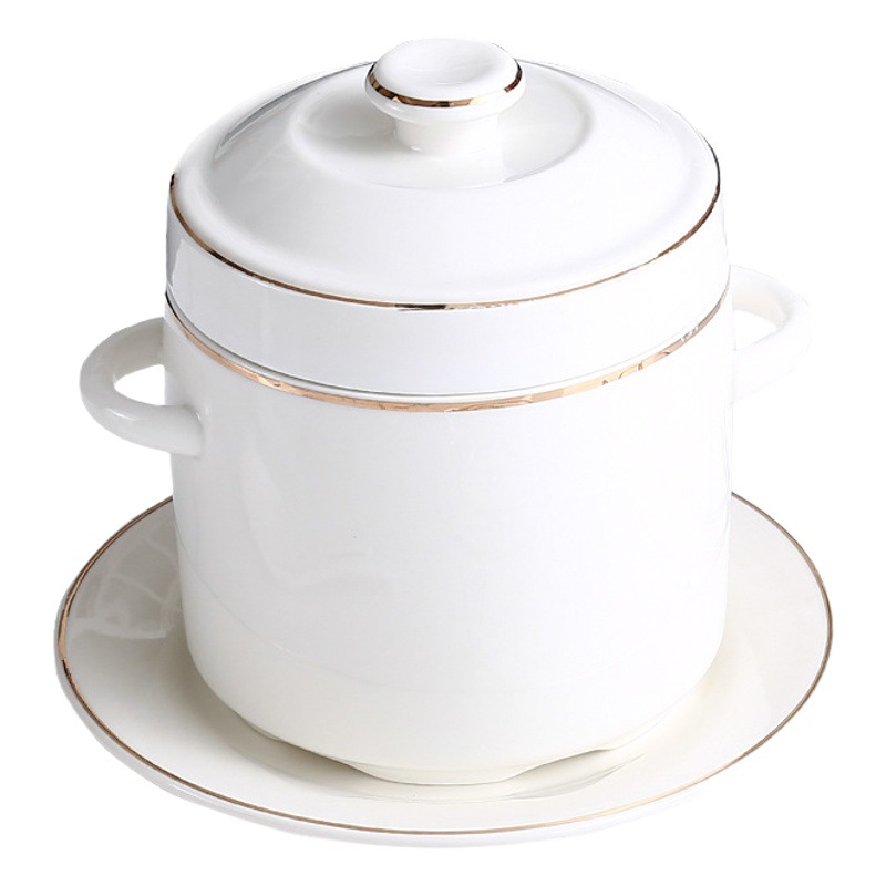 Ceramic Water-proof Stew Pot Phnom Penh Hotel with Lid Double Lid Binaural Bird's Nest Stew Bowl with Inner Container Steamed Egg Pot Stew Pot Small Soup Pot