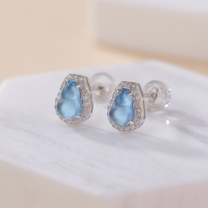 Bông tai bạc S925 đính đá aquamarine phong cách Trung Hoa tinh tế — một cặp