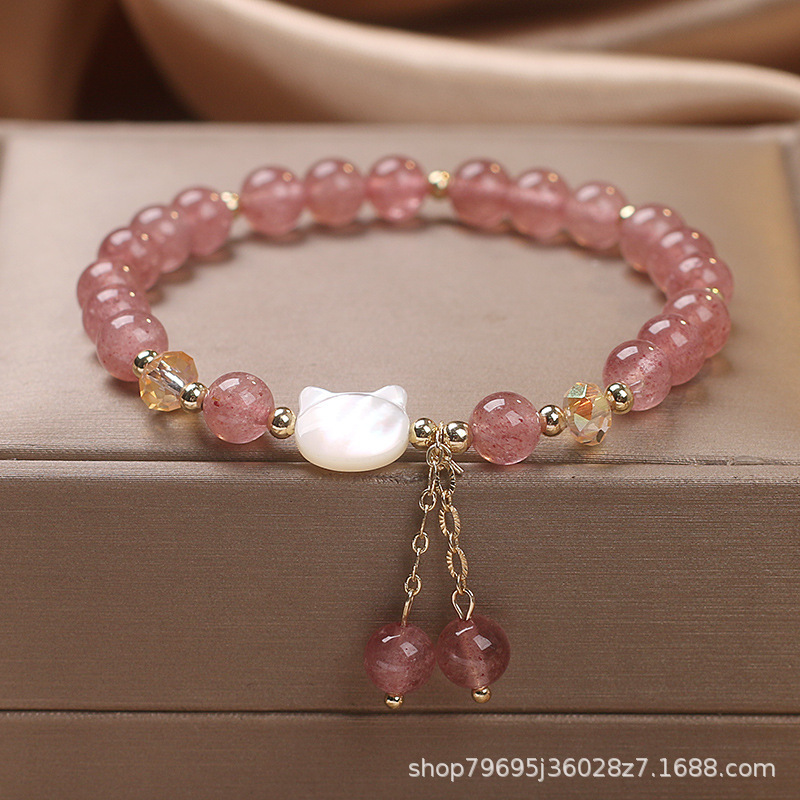 Natural Crystal Bracelet for Women, Strawberry Crystal Niche Bracelet, Strawberry Crystal Morganite Bracelet, Shell Cat