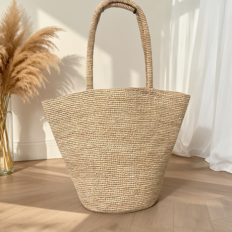 Simple Raffia Hand-Woven Bag French Large-Capacity Women's Shoulder Straw Bag Vacation Beach Bag Bucket Bag