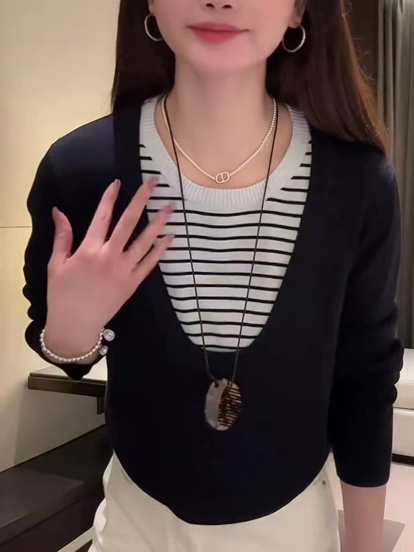 美式设计感条纹拼接假两件T恤女秋季新款显瘦百搭休闲打底衫上衣|undefined