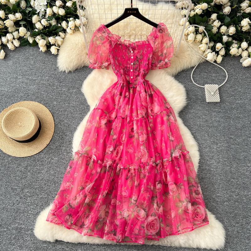 Tea Break Retro French Gentle Style Floral Chiffon Dress Women's Waist-Cinching Elegant One-Shoulder Puff Sleeve Mesh Skirt