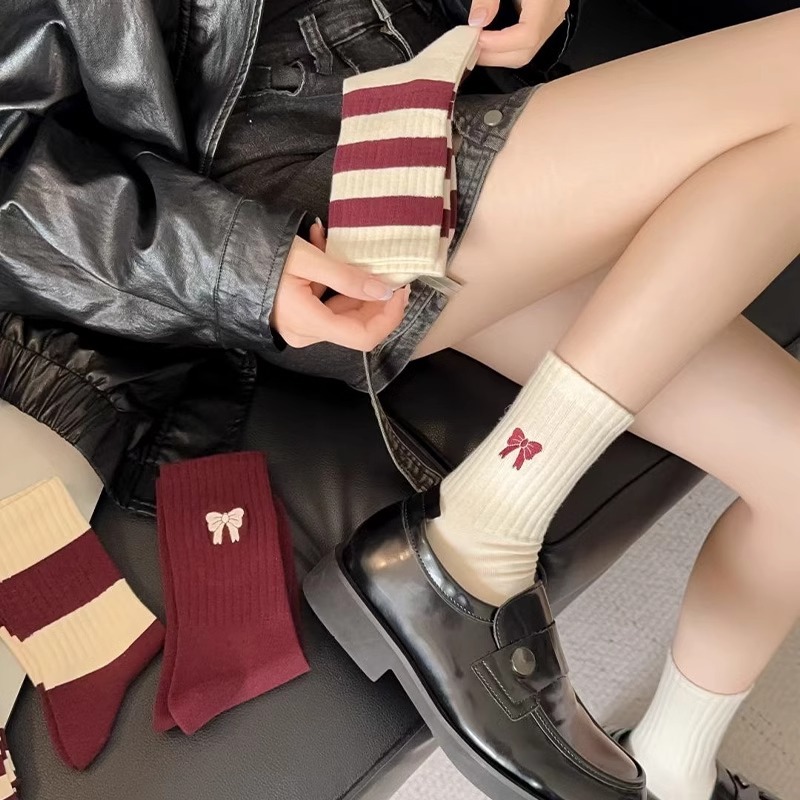 安可拉紅襪子女秋冬ins潮網紅復古堆堆襪條紋長襪蝴蝶結女中筒襪