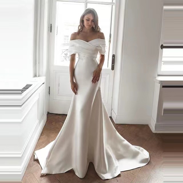 Vestido de novia ligero de satén francés, estilo nuevo 2025, hombros descubiertos, cola larga, elegante, sencillo, estilo Hepburn, vestido de novia principal para mujer