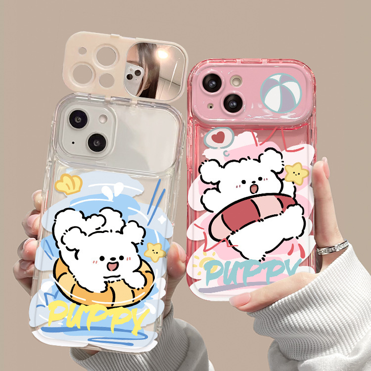For Apple 15 Mobile Phone Case iphone14 Cute Swimming Ring Puppy 13pro Flip Mirror XS All-inclusive Female 8