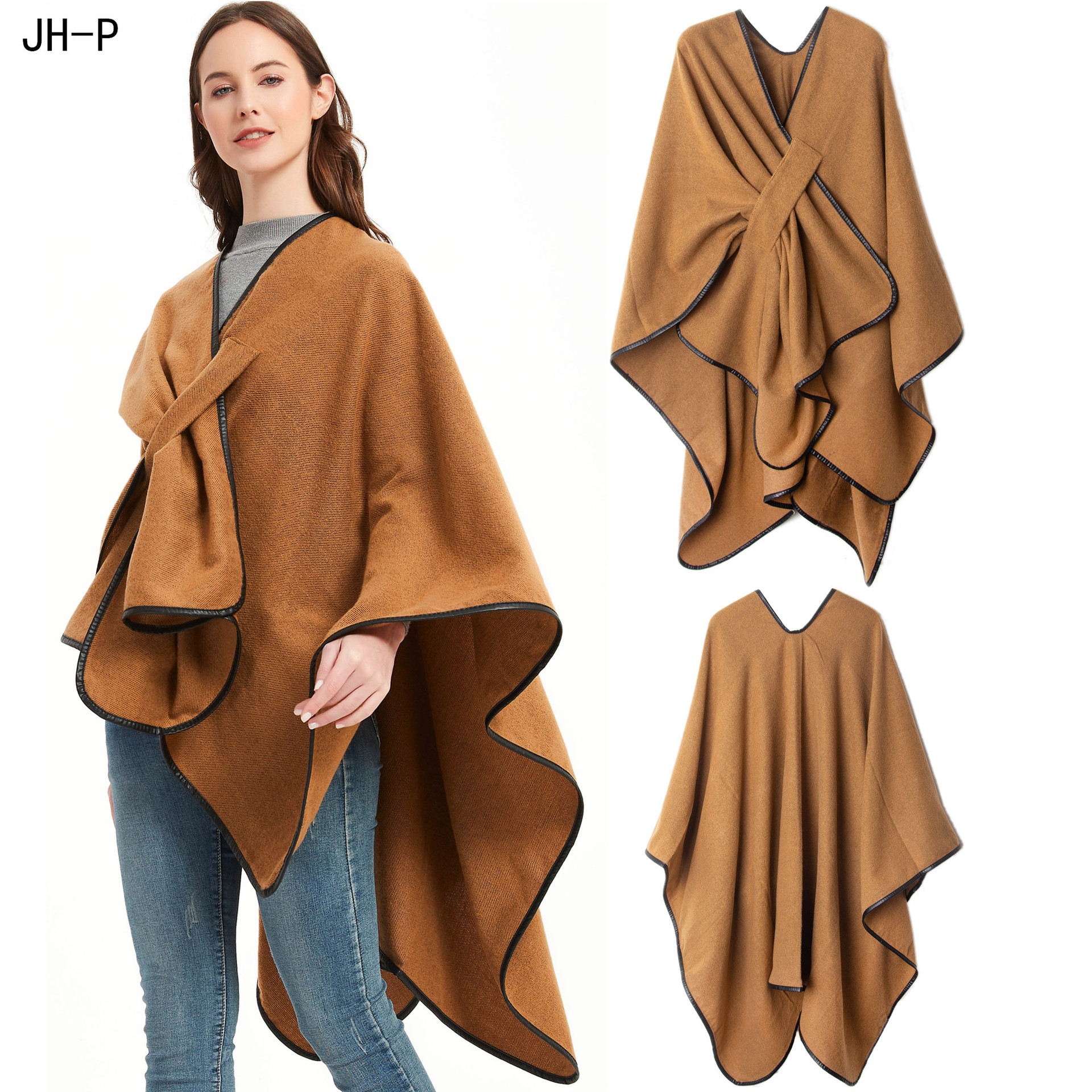 Unisex Fashion acrylic women's shawl clasp leather edge Solid camel split shawl_voghion.com