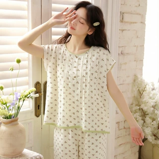 夏季新品纯棉棉纱女士短袖七分裤睡衣无袖日系清新碎花宽松套装59
