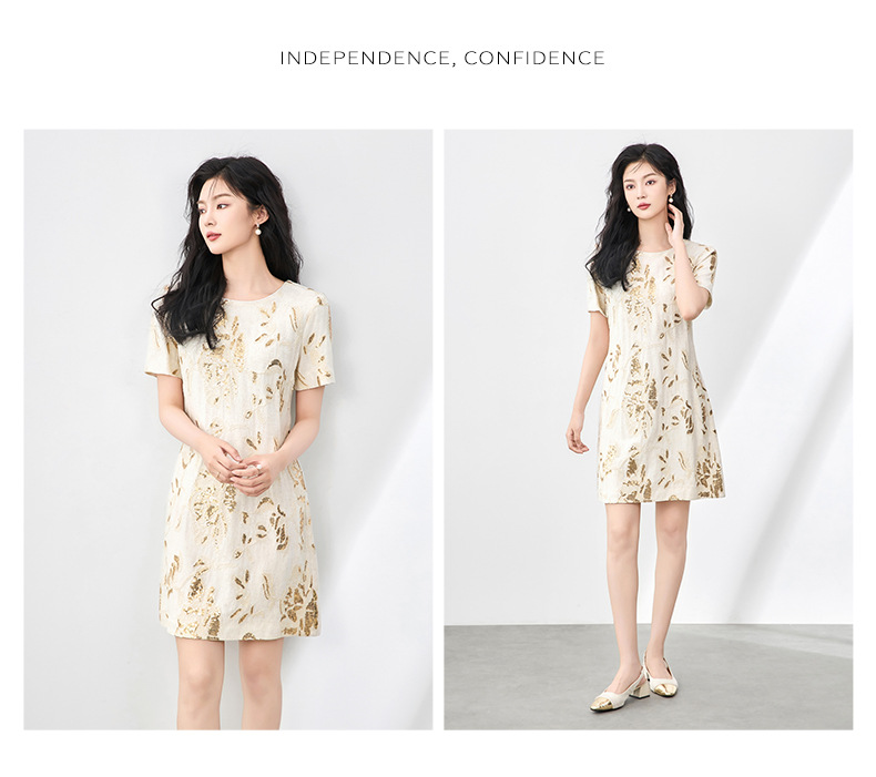 Váy ngắn tay nữ cổ tròn thêu sequin nặng phong cách phương Tây — Màu be chi tiết 11