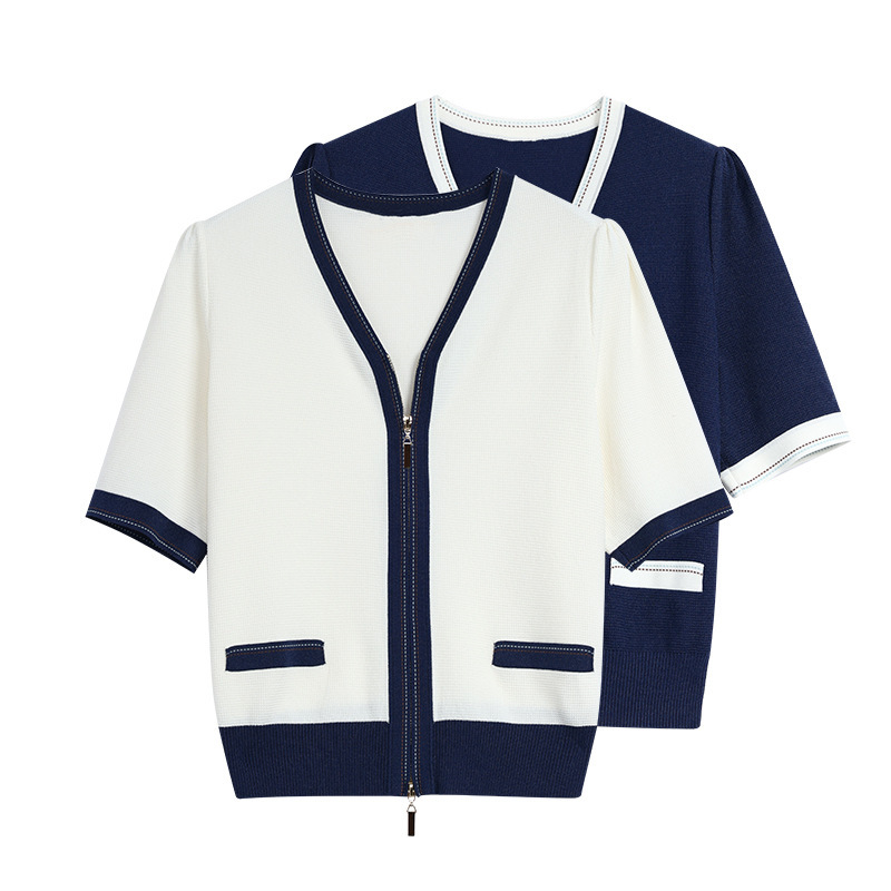 2026 Summer New Style V-Neck Short-Sleeved Knitted Cardigan for Women with French Retro Design and Double Zipper Fashion Top
