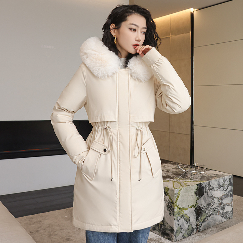 Comercio exterior ropa de algodón de mujeres mediana larga tirada para superar 2023 gran cuello encapuchado chaqueta de algodón de plumón de invierno abrigo cálido