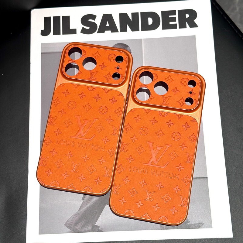 Instantly transforms into a lambskin embossed LV single orange phone case for Apple 17 Pro Max, iPhone 16 Pro, original design
