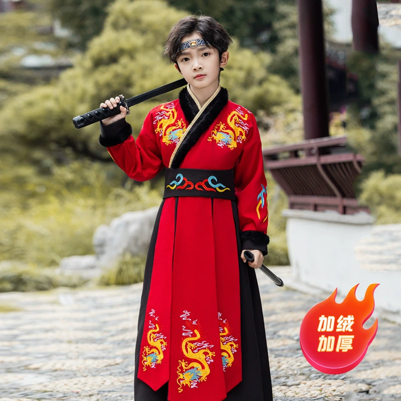 Зимний костюм для мальчиков Hanfu Детский костюм Красный Новогодний костюм