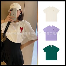 AMI男女同款短袖大爱心绣花纯棉圆领T恤欧美潮牌宽松百搭休闲半袖