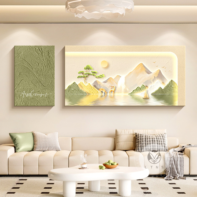 Pintura decorativa de la sala de estar de viento crema Sunshine Jinshan sofá fondo pintura de pared colgante paisaje tridimensional de alto nivel dos murales