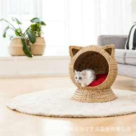 跨境水葫芦草编猫窝卡通四季通用宠物窝猫床狗狗别墅房子草编狗窝