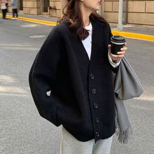 秋装新款黑色毛衣开衫外套女针织宽松慵懒外穿感V领韩系上衣