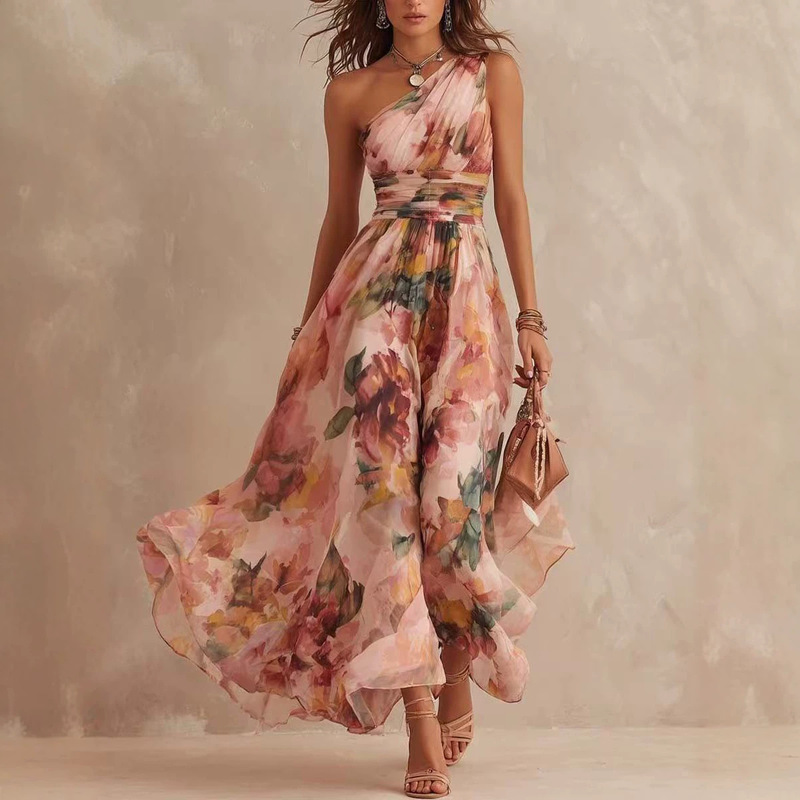 European and American Cross-Border 2026 New Fashion Elegant Printed Dress Sexy One-Shoulder Waist-Cinching Flowing Beach Long Dress