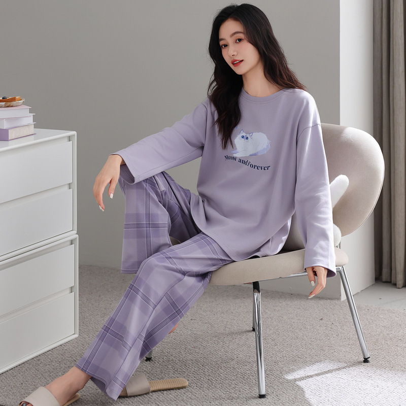 Plus Size 100% Cotton Pajamas for Women Pure Cotton Autumn and Winter Long-Sleeved Soft Skin-Friendly Round Neck Spring and Autum Cotton Home Wear Set
