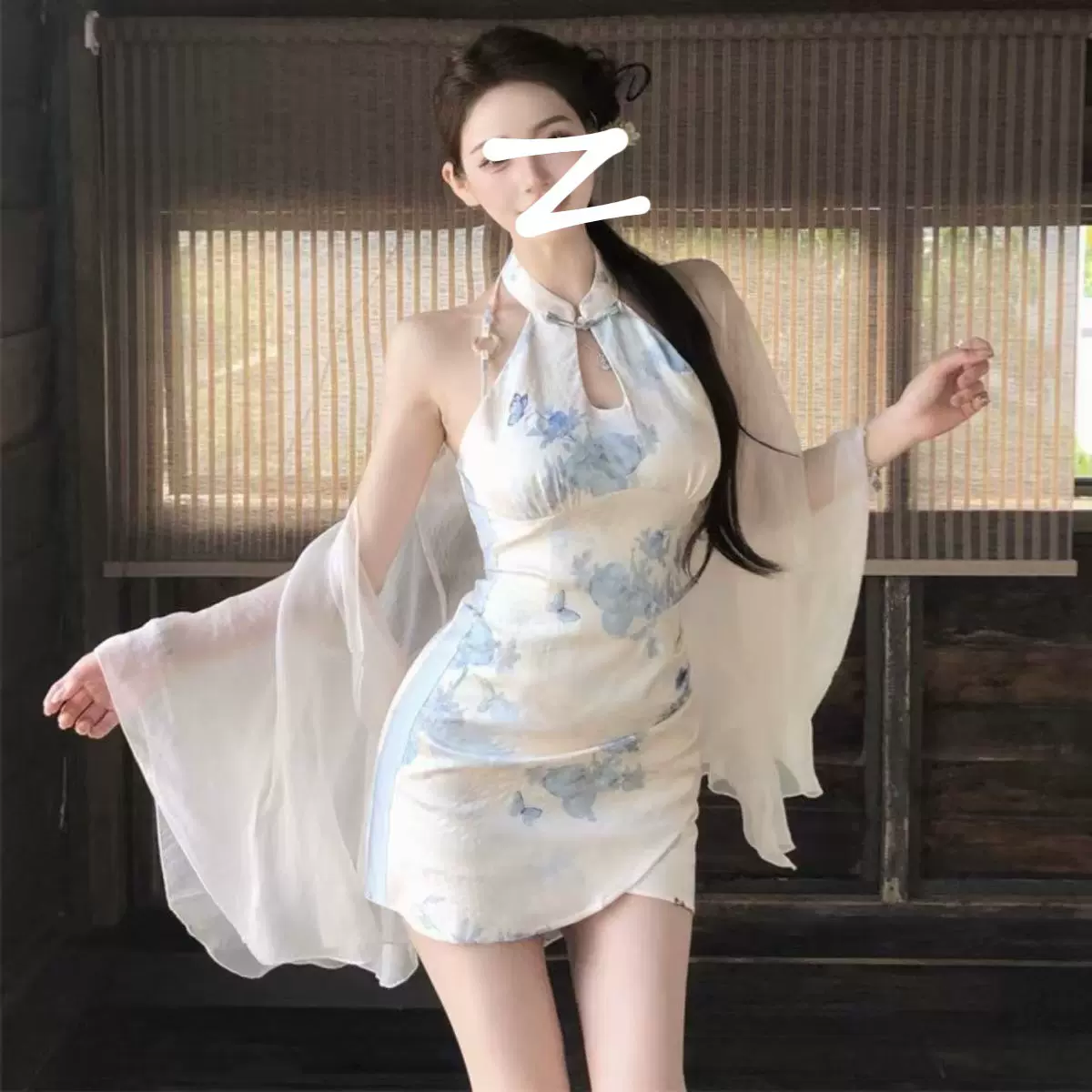 新中式清冷感印花无袖改良旗袍连衣裙女气质名媛复古超仙包臀短裙
