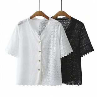 Lace Jacket Short-Sleeved Plus Size Women's V Neck Thin Cardigan 2025 Summer Fat Girl Cut Out Top Versatile Fashion 2510
