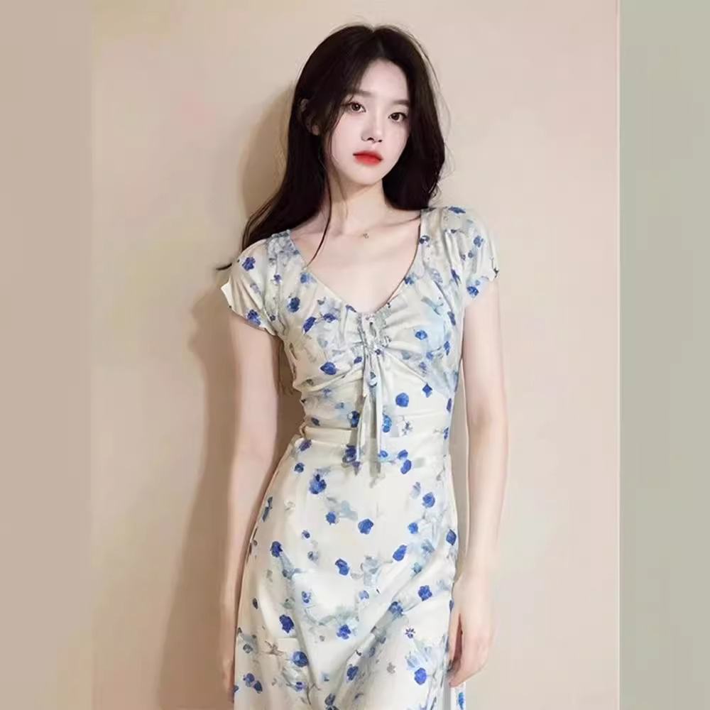 Đầm maxi nữ thắt eo họa tiết hoa nhí kiểu Pháp — Váy liền hoa nhí