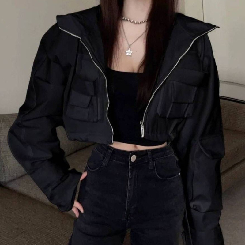 Summer New Style American Hot Girl Functional Style Long-Sleeve Jacket, Fashionable Loose Workwear Pocket Hooded Jacket for Women
