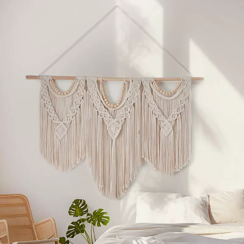 拼接三节棍装饰挂毯 手工编织挂毯棉绳编织流苏门帘 室内外装饰
